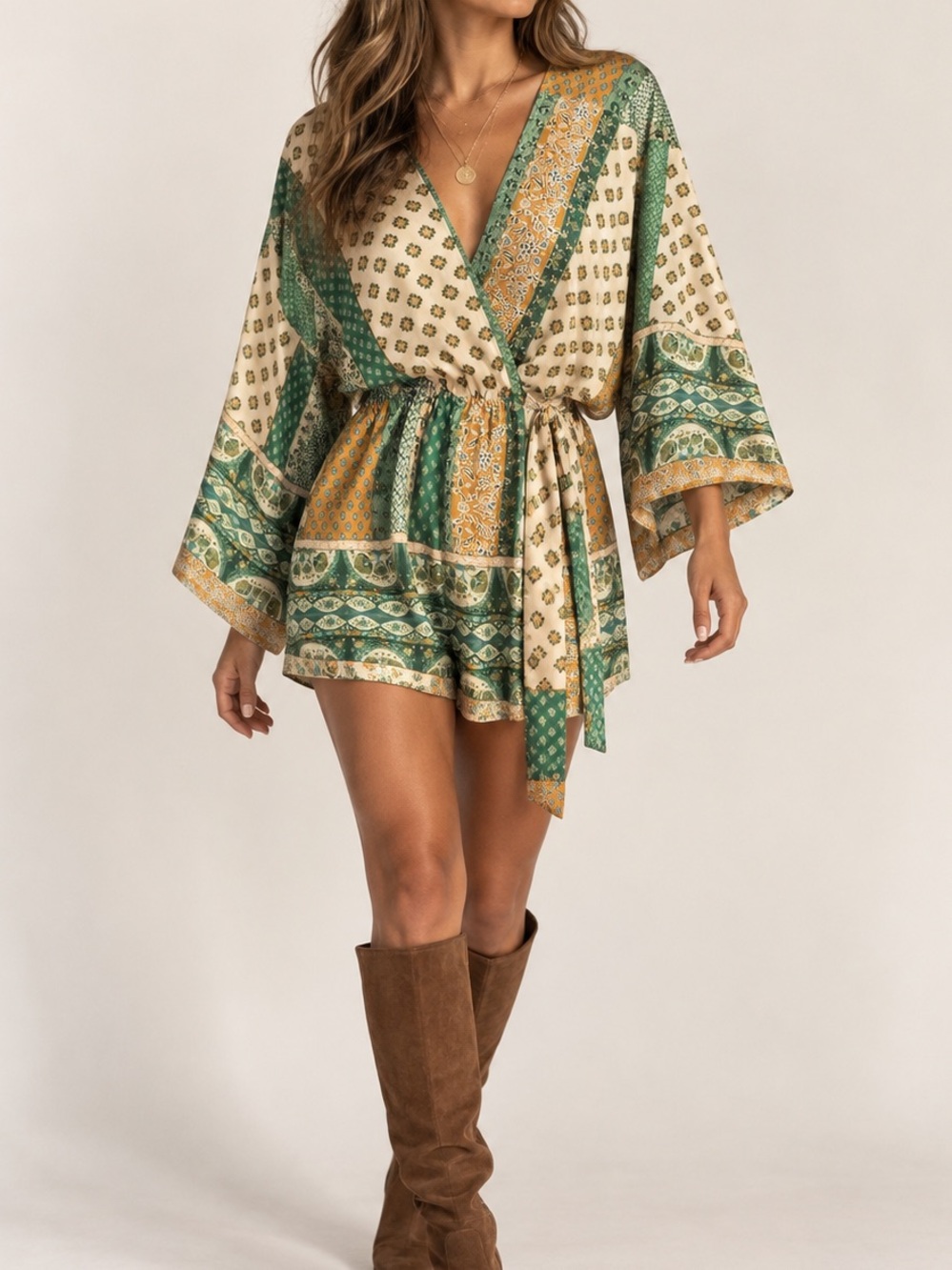 VICI | Patchwork Paisley Kimono Sleeve Belted Romper Size Small Boho Festival